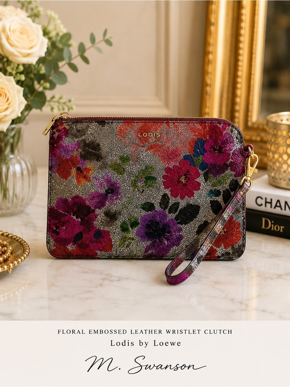 NEW Lodis Floral Embossed Leather RFID Wristlet Clutch Genuine Leather NWOT